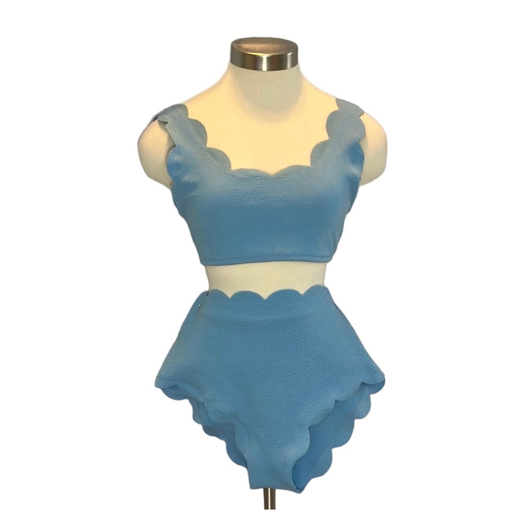 Shein scalloped edge textured light blue 2 piece swim suit size Medium